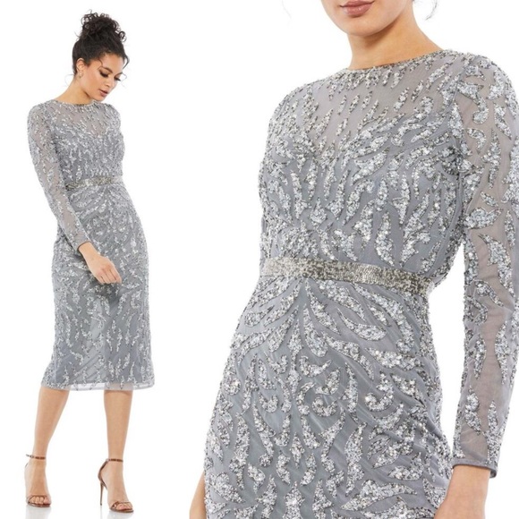 MAC DUGGAL 5521 Embellished Illusion Long Sleeve Sheath Dress Platinum 4 NEW - Picture 11 of 11